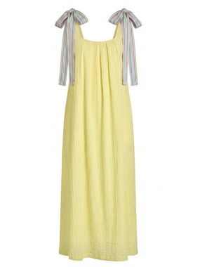 Pitusa Dress Gauzey Ribbon Tie Shoulders Midi Sundress Yellow Pastel Rainbow PS